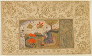 Foglio da un testo non identificato; Una Donna Conversa con un Uomo Seduto vicino a un Ruscello, Iran, c.1500 da Persian School