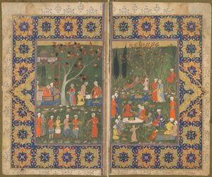 Folio da un testo non identificato; verso: Una festa in un giardino, Shiraz, Iran, c.1570
