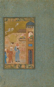 Foglio da un testo non identificato; verso: Due Uomini con Brocche che Si Avvicinano a un Edificio, Shiraz, Iran, c.1520