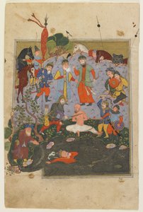 Garsivaz frustato mentre Afrasiyab viene trascinato dal lago da uno Shahnama da Persian School
