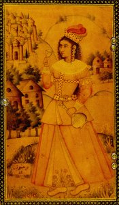 Interno di una custodia per specchio dipinta con una dama europea stilizzata che tiene una coppa di vino e una bottiglia, XVII secolo da Persian School