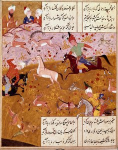 Arte islamica: Il re caccia. Miniatura che illustra le poesie del poeta persiano Hafez (Hafiz Shirazi), manoscritto persiano. 1554 San Lorenzo de El Escorial, Biblioteca Reale del Monastero di El Escorial, Madrid