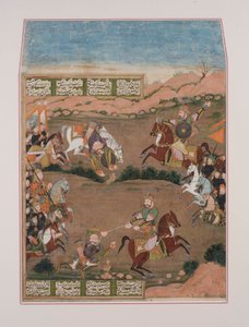 Kay-Khusrau spara a Qara Khan, dallo Shahnama (guazzo su carta, abbellimento in oro)