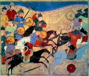 Fuga di Noqai (Kara Nogai Khan, pronipote di Gengis Khan, morto nel 1299). Cavalieri mongoli. Manoscritto persiano illustrato 