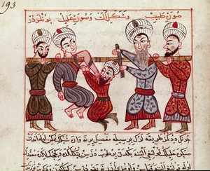 Medicina: intervento ortopedico. Miniatura tratta da un manoscritto di medicina turca di Charaf-ed-din (Charaf ed Din) (1404-1468) dopo "La Chirurgia Imperiale" (Ms Sup Turk 693 fol. 193) 1466 Parigi, B.N.