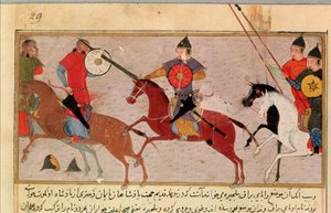Ms Pers.113 f.29 Gengis Khan (c.1162-1227) che combatte i Tartari, da un libro di Rashid-al-Din (1247-1318) (guazzo)