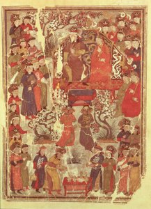 Gengis Khan e sua moglie Bortei in trono davanti ai cortigiani, dal libro Jami al Tawarikh (Storia Universale) di Rashid ad-Din (1247-1318) da Persian School