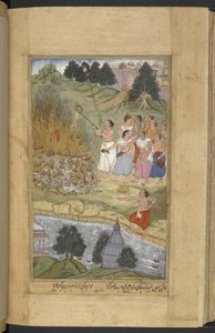 Arjuna che brucia i corpi dopo la battaglia tra gli Andhaka e i Yadava a Prabhasa sulla costa del Gujarat. Il ghee viene versato sulla pira funeraria (Narayan) dal Razmnāmah (