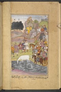La scoperta del cavallo, Syamakarna, da parte di Bhima che è seduto sulla montagna sopra la città di Bhadravati osservando i soldati dell