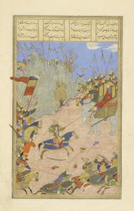 Rustam trascina il Khagan dal suo elefante, illustrazione dallo Shahnama (Libro dei Re), di Abul-Qasim Mansur Firdawsi (c.934-c.1020), 1444 da Persian School