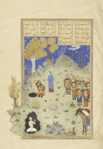 Rustam salva Buzhan dalla fossa, illustrazione dallo Shahnama (Libro dei Re), di Abul-Qasim Mansur Firdawsi (c.934-c.1020), 1444 da Persian School