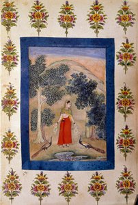 Arte persiana: donna con due collane di fiori che presenta a due pavoni da Persian School