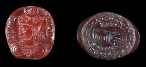 Arte persiana: cammeo di Kavadh I (o Qobad, Kobad, Kabad) (488-496 d.C.) re del secondo impero persiano e sigillo in agata del periodo sassanide. 5° o 6° secolo d.C. Parigi, B.N. da Persian School
