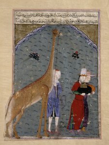 Gli ambasciatori del sultano egiziano al-Nasir Faraj ibn Barquq presentano i loro doni di tributo, inclusa una giraffa, a Timur, illustrazione dallo Zafarnama di Sharaf al-Din Ali Yazdishiraz, 1436 da Persian School