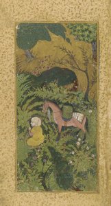 Scudiero in attesa con cavallo in un boschetto, probabilmente Tabriz, dinastia Turcomanna, c.1500 da Persian School