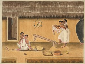 Donne che sbucciano il riso con un dhenki, c.1840 da Persian School