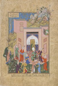 Yusuf predica alle ancelle di Zulaykha nel suo giardino, foglio da un Haft awrang (Sette troni) di Jami (m. 1492) probabilmente Mashad, Khurasan, Iran, dinastia Safavide, 1556-1565 da Persian School