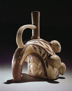 Vaso di ceramica di una rana che scala un albero di cacao, Mochica