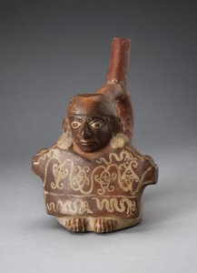 Vaso con beccuccio a staffa raffigurante uomo che tiene un tessuto decorato, 100 a.C.-A.D. 500 da Peruvian School