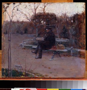 Sul boulevard. Un uomo solo, seduto su una panchina al freddo, vicino a lui, un fagotto e una cassetta degli attrezzi. Dipinto di Pyotr Alexandrovich Nilus (1869-1940/1943) da Peter Alexandrovich Nilus