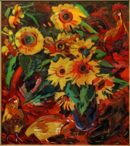 Natura morta con girasoli e galline