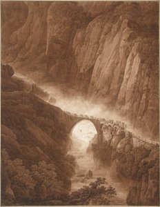 Il ponte del diavolo nella gola di Schöllenen sulla strada del passo del San Gottardo con un treno di muli da Peter Birmann
