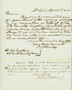 Lettera firmata P.E. Bland, St. Louis, a H.R. Gamble, Governatore del Missouri, 22 settembre 1862 da Peter E. Bland
