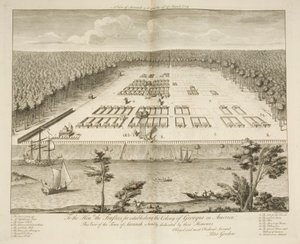 Veduta di Savannah come appariva il 29 marzo 1734, inciso da P. Fourdrinier, Londra, c.1735 (incisione) da Peter Gordon