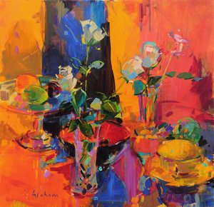 Tavolo di natura morta con rose e frutta da Peter Graham (Contemporary)