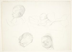 Quattro studi di un bambino, uno in una culla