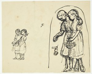 Due piccole ragazze che spargono fiori. Due bozze sullo stesso foglio da Peter Hansen