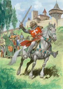 Un cavaliere fuori da un castello (gouache su carta) da Peter Jackson