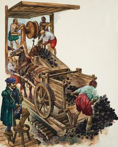 Un addetto al conteggio segna quanti carichi di carbone lasciano la miniera mentre un minatore riempie un carrello e altri ne issano altri in superficie (gouache su carta) da Peter Jackson