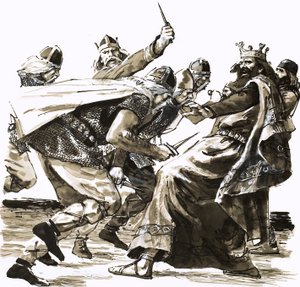 La morte di re Vortigern, illustrazione da "Invasori dal mare". da Peter Jackson