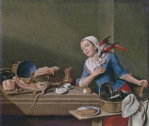 Natura morta in cucina con figura femminile e pappagallo (Il sentimento)
Titoli alternativi:

Il sentimento da Peter Jacob Horemans