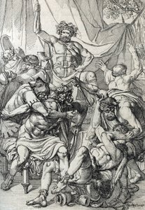Eptarchia: rappresentazione del capo anglosassone Hengist che uccide i suoi nemici per fondare il regno del Kent, circa 461 (disegno a penna) da Peter Johann Nepomuck Geiger