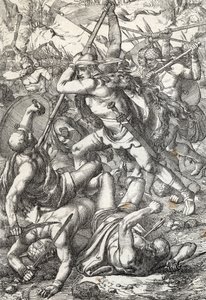 Rappresentazione di Pelagio il conquistatore, re delle Asturie trionfante contro i Saraceni, 719, Covadonga, Spagna da Peter Johann Nepomuck Geiger