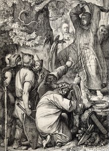Rappresentazione di San Bonifacio di Magonza che abbatte la quercia di Thor per convincere i druidi che non è un albero sacro da Peter Johann Nepomuck Geiger