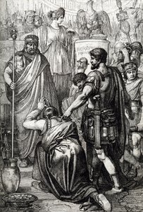 Guerra vandalica: la resa del re dei Vandali Gelimero che si inginocchia davanti al generale bizantino Belisario (500-565) nel marzo 534, Cartagine, Africa