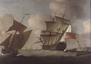 Una nave di terza classe che si unisce alla sua squadra al largo del Castello di Elizabeth, Jersey da Peter Monamy