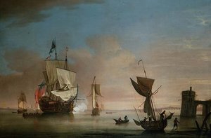 Il cannone del mattino, nave da guerra a due ponti con altre navi da Peter Monamy