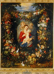 Maria Vergine e il Bambino con corona di fiori e frutta ... da Peter Paul & Brueghel Jan (1601 78) Rubens