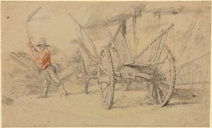 Un uomo che trebbia accanto a un carro, edifici agricoli alle spalle da Peter Paul Rubens