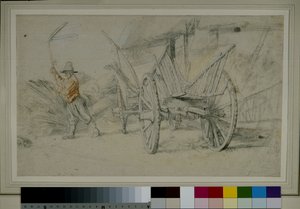 Un uomo che trebbia accanto a un carro, edifici agricoli sullo sfondo
