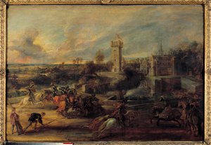 Un torneo vicino alle fosse del Castello di Steen (Medioevo). Dipinto fiammingo di Pierre Paul (Pierre-Paul) Rubens (o Peter Paul o Petrus Paulus) (1577-1640)