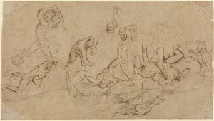 Battaglia di uomini nudi (penna e inchiostro marrone su gesso nero su quattro pezzi tagliati irregolarmente di due tipi di carta vergata; steso e con l