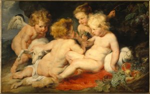 Il piccolo Gesù con il bambino Giovanni e due angeli