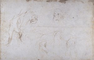 Studi di una figura maschile legata a un albero e di due teste maschili, c.1601