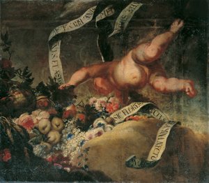 Putto con fiori, frutti e nastro con scritta
