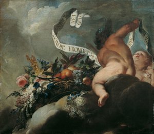 Due putti con fiori, frutti e nastro con scritta da Peter Strudel